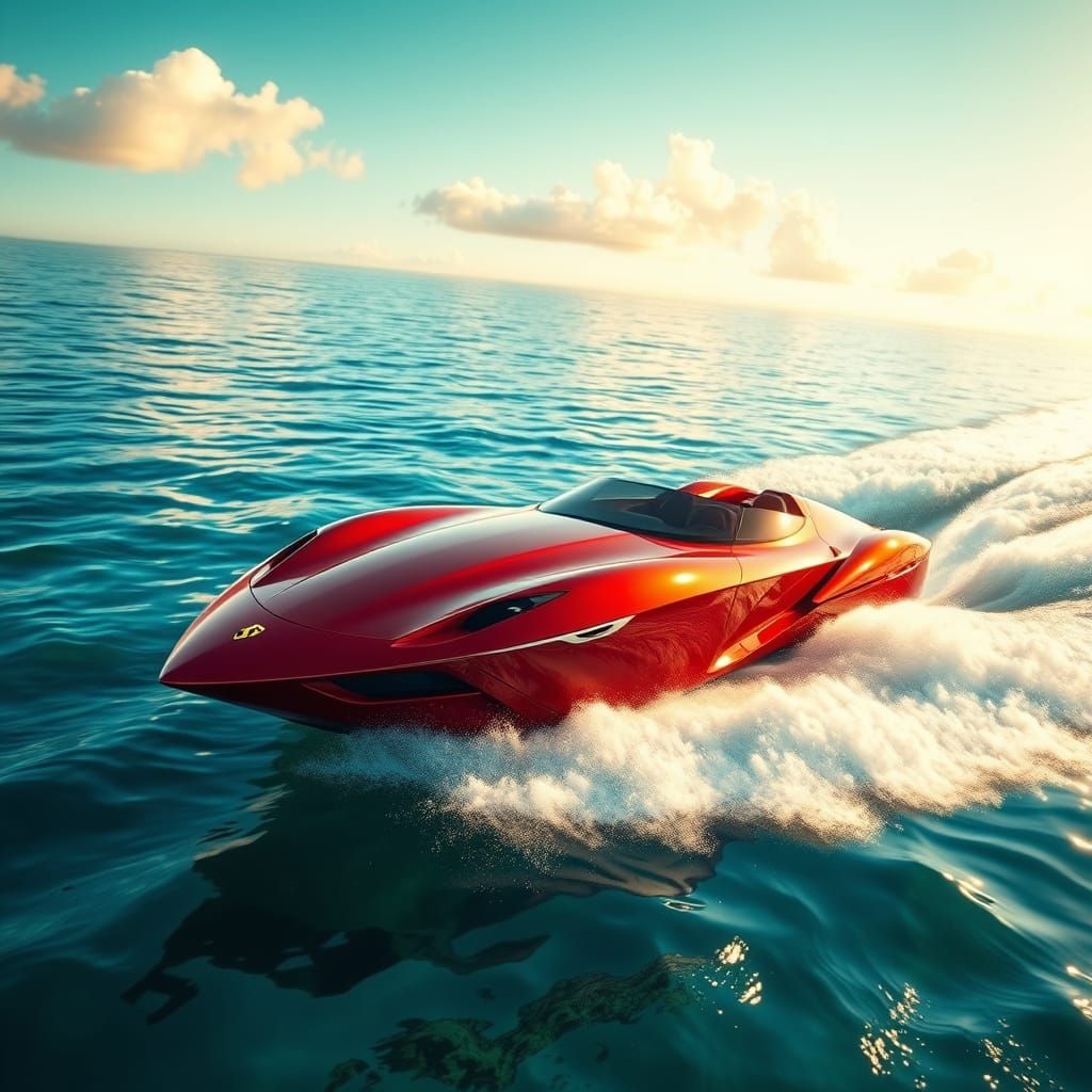 Cherry-Red Ferrari Speedboat Cuts Through Turquoise Waters i...