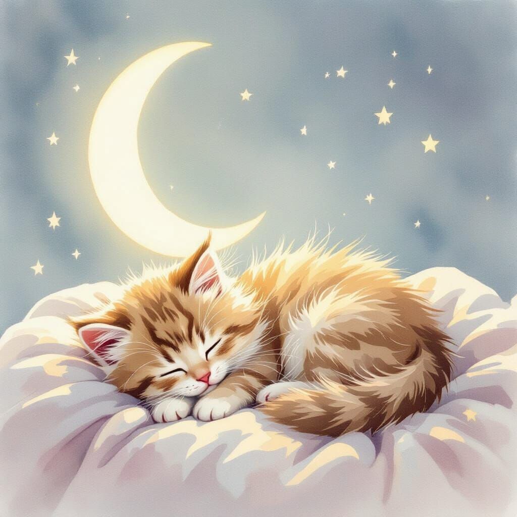 Dreamy Watercolor Kitten Bathed in Moonlight