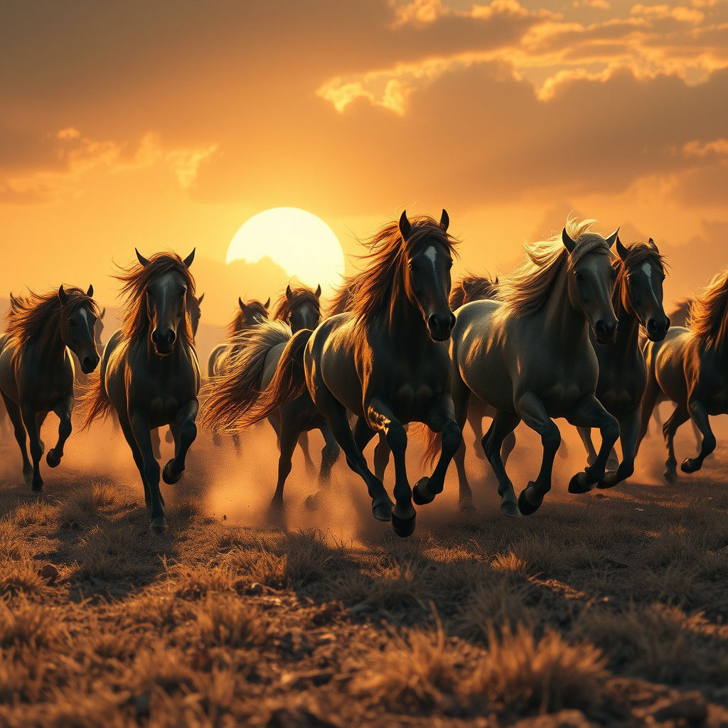 Wild Horses Galloping in a Golden Sunset Landscape