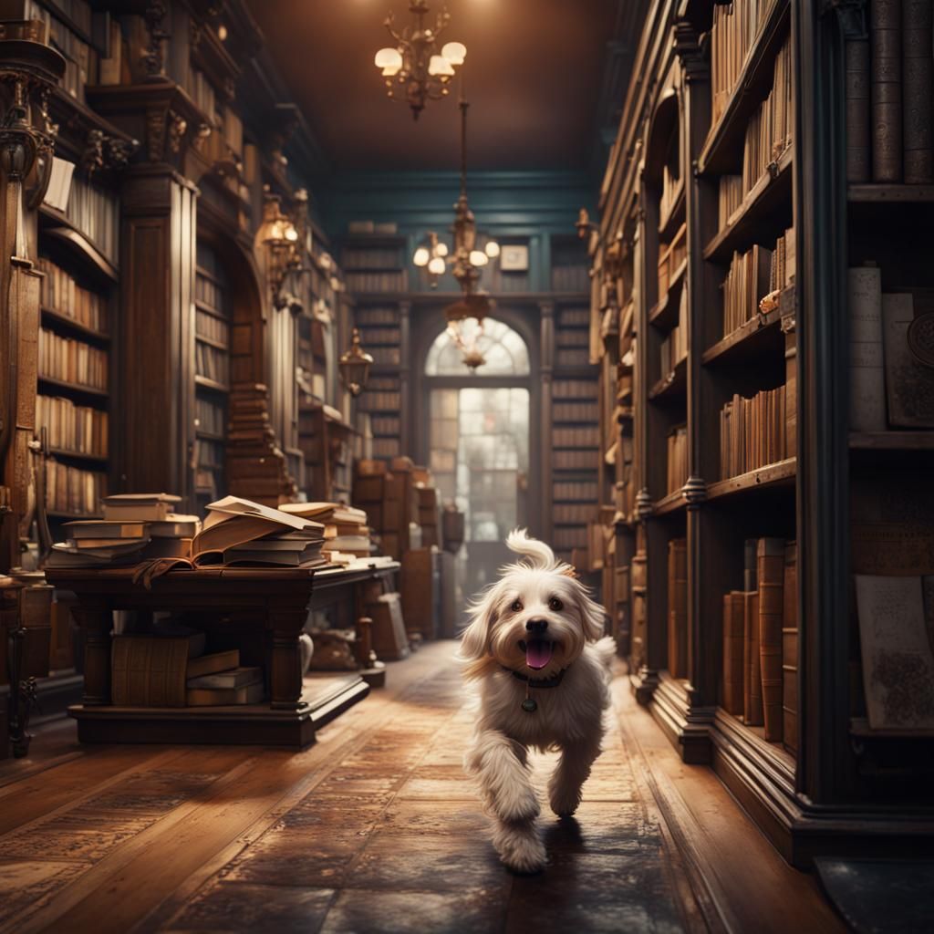 Dog Running Through Bookshop: Detailed Matte Painting