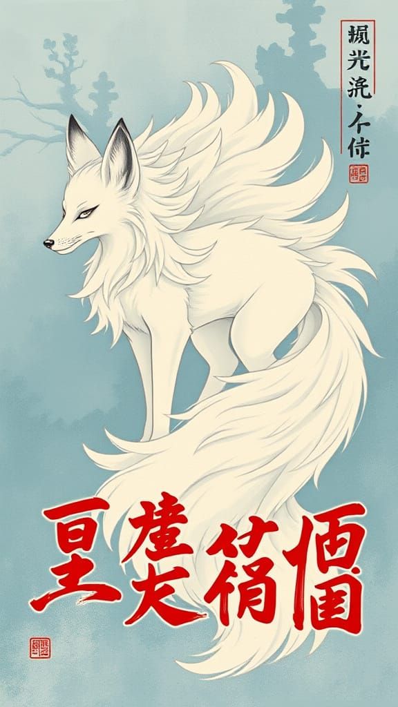 Ethereal Nine-tailed Fox in Traditional Chinese Art Style