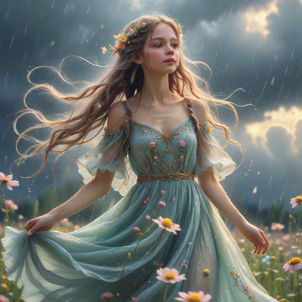 Fairy Girl Dancing in the Rain: Whimsical Fantasy Art