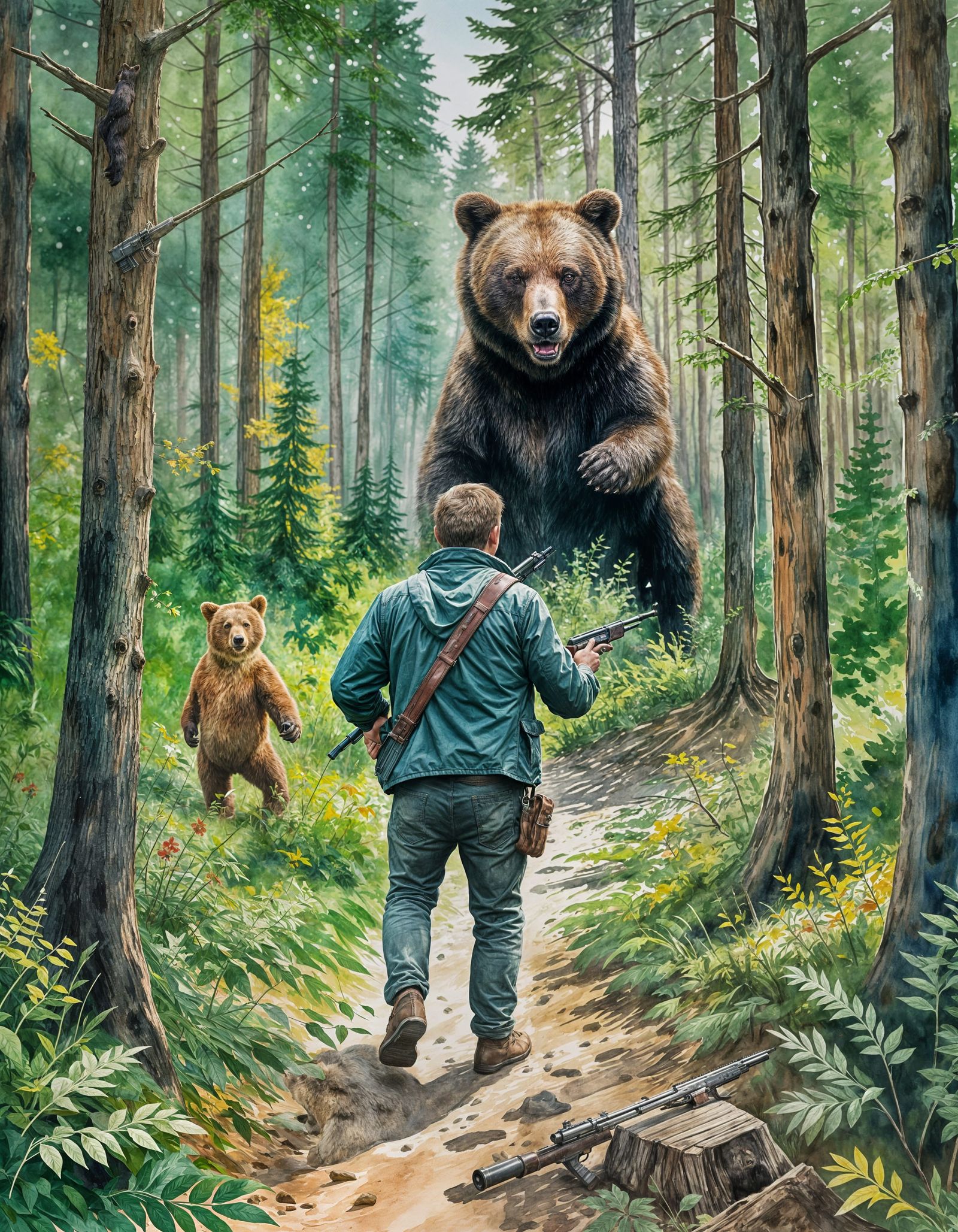 Man Defends Himself from Bear: Watercolor Clipart