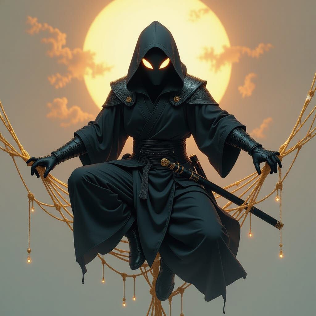 Spider Ninja on Golden Web in Hyperrealistic Style