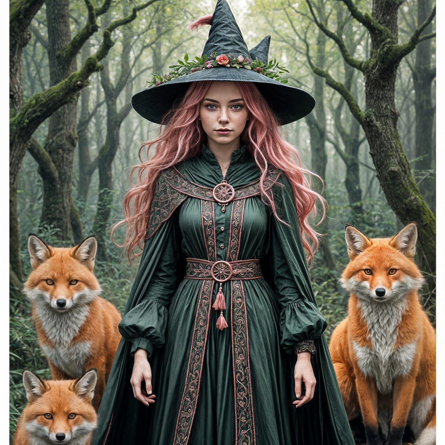 Mystical Witch in Vibrant Forest with Orange Foxes