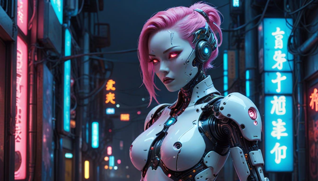 Frightening Cyberpunk Gynoid with Neon Cityscape