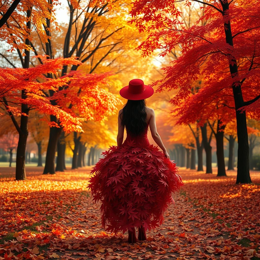 Serenely Walking Woman Amidst Vibrant Autumn Park