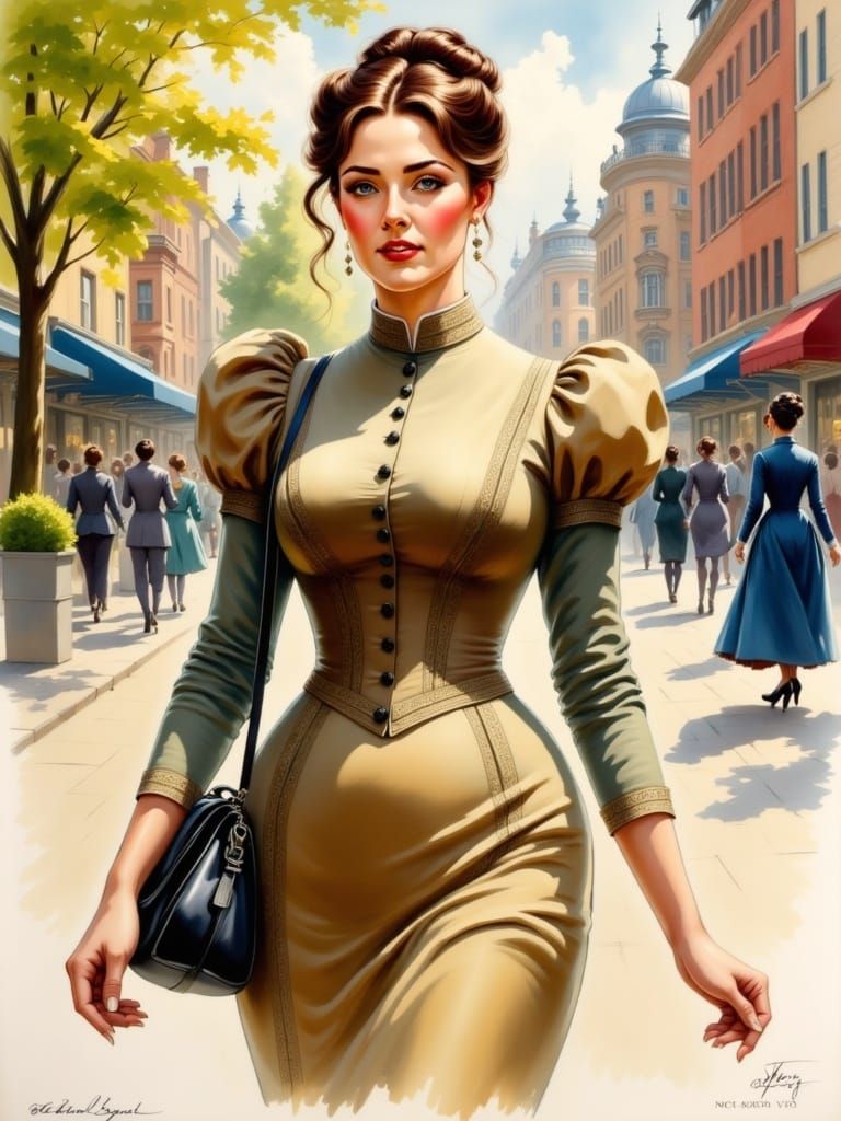 Victorian Beauty Strolls in Modern City