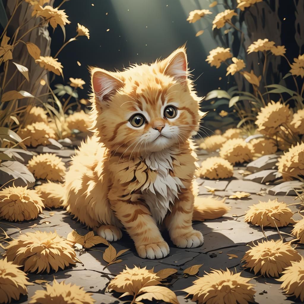 Fluffy Golden Kitten in Anime Style