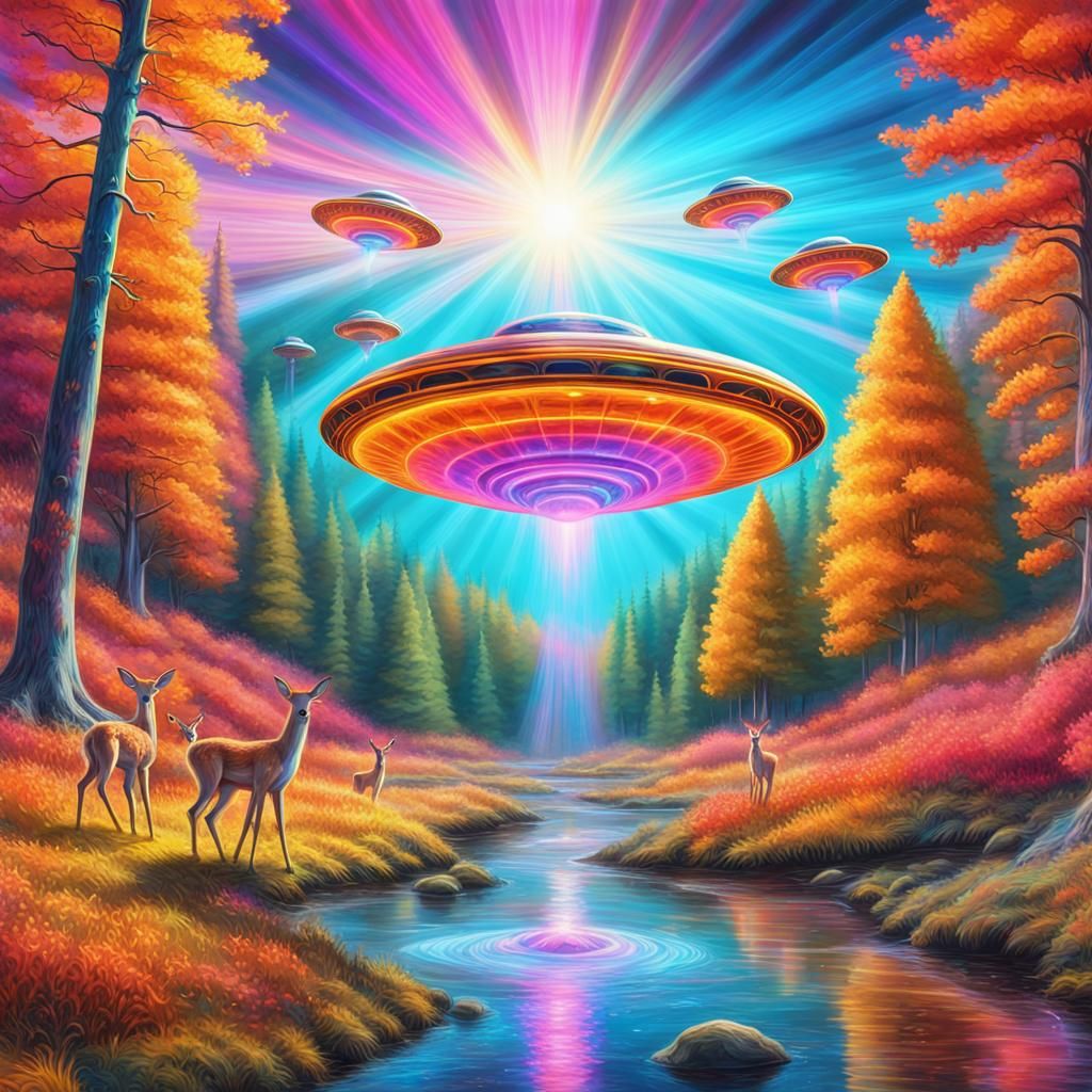 Psychedelic UFOs in Autumn Forest: Pop Art Scene