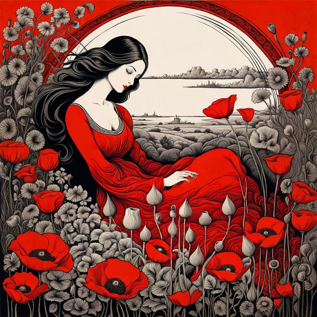 Poppy Maiden in Grattage Ink Splash Art