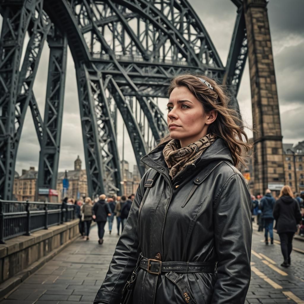 Woman at Tyne Bridge in Hyperrealistic Style