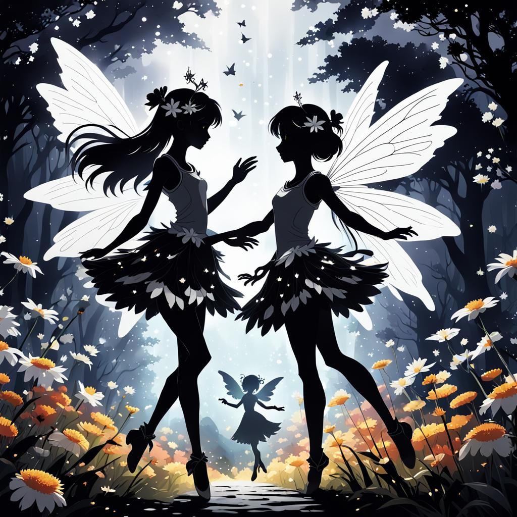 Fairies Dancing in Silhouette: Manga-Inspired Art