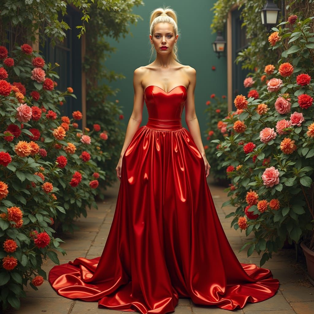 Elegant Woman in Red Gown, Baroque-Inspired Portrait