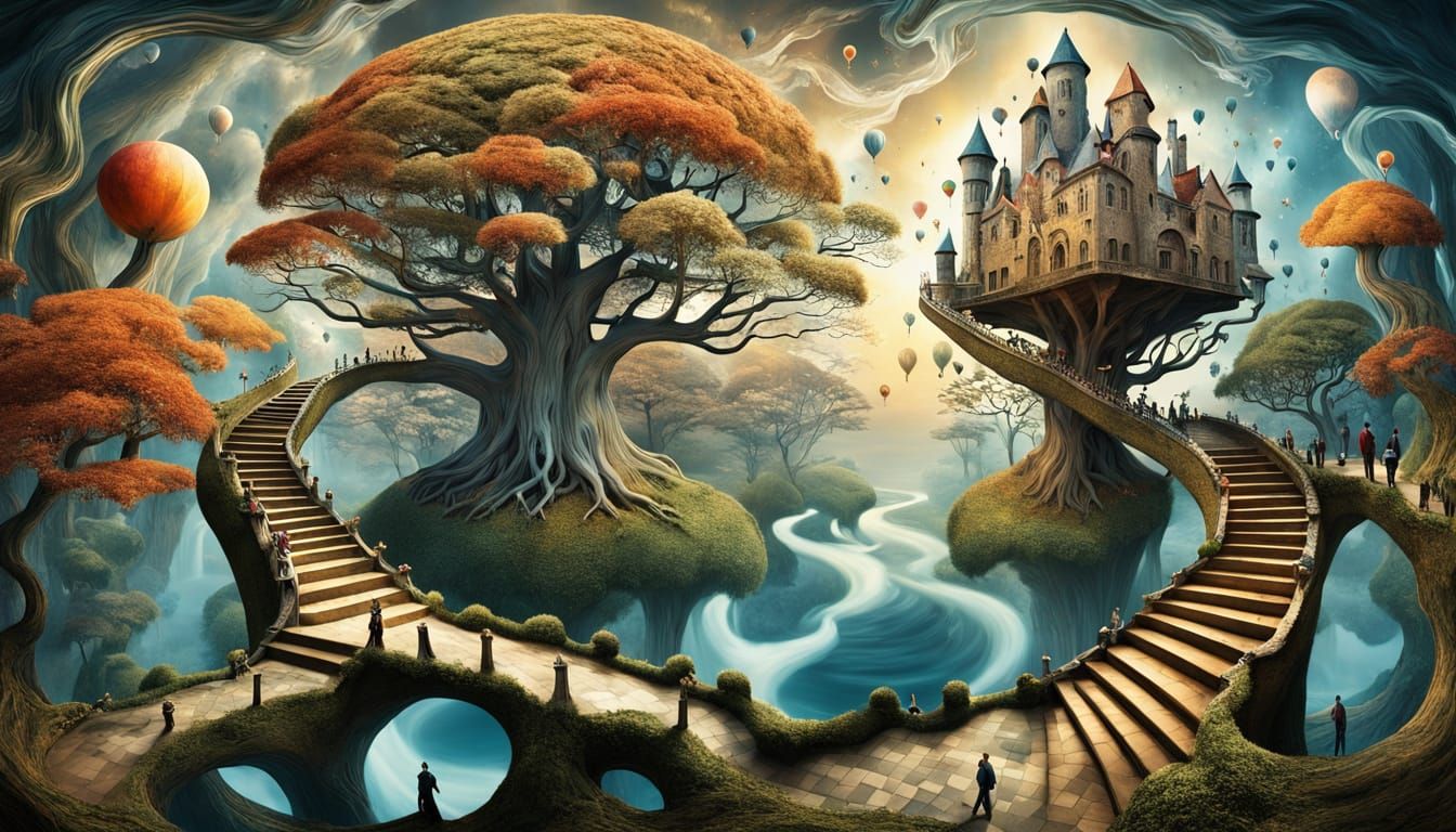 Towering Trees as Dreamlike Dwellings in a Surreal Forest