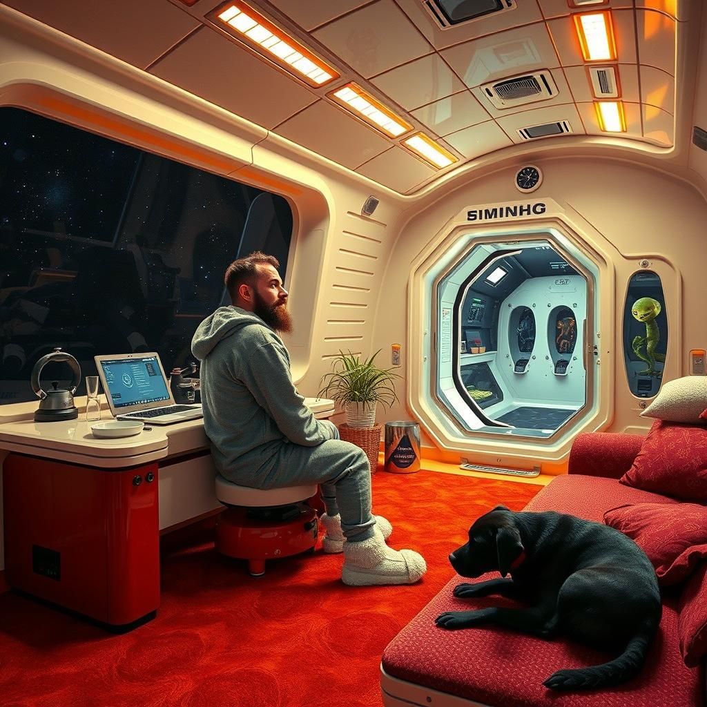 Futuristic Pilot Gazing at Stars in Cozy Command Center