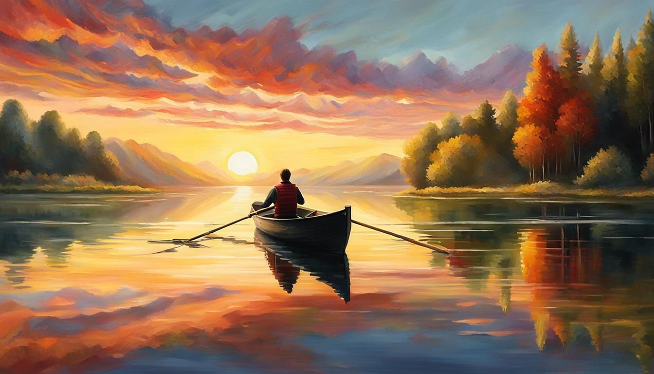 Sunrise Lake Rowing: Matte Painting Gouache Style