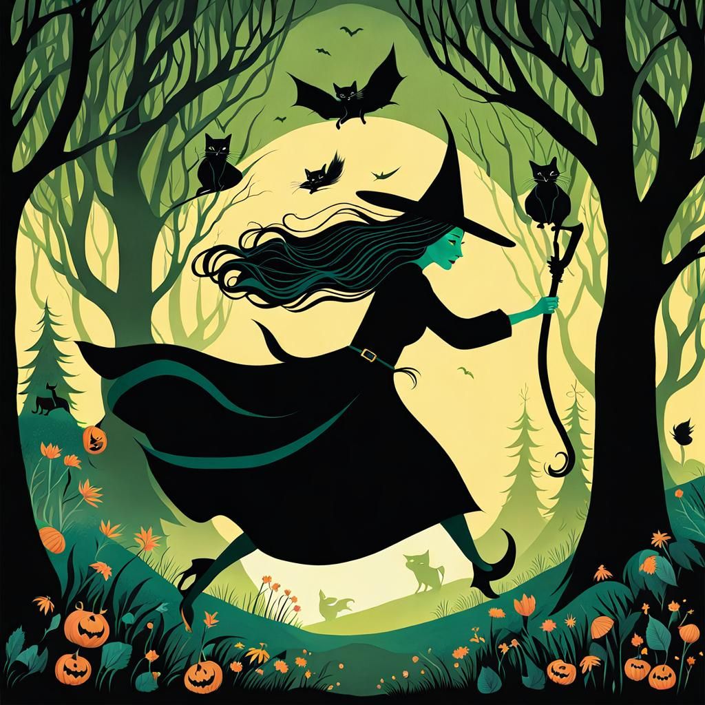 Whimsical Witch in Eldritch Forest: Naive Art