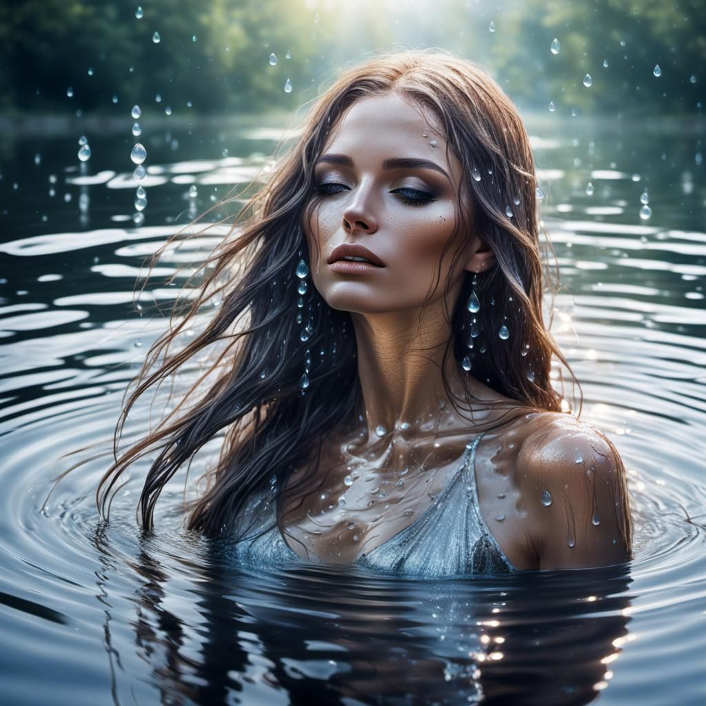 Young Woman Emerges from Lake: Digital Art