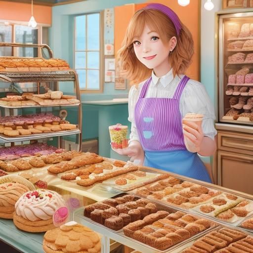 A happy girl in a cookie shop. She's surrounded by a variety...