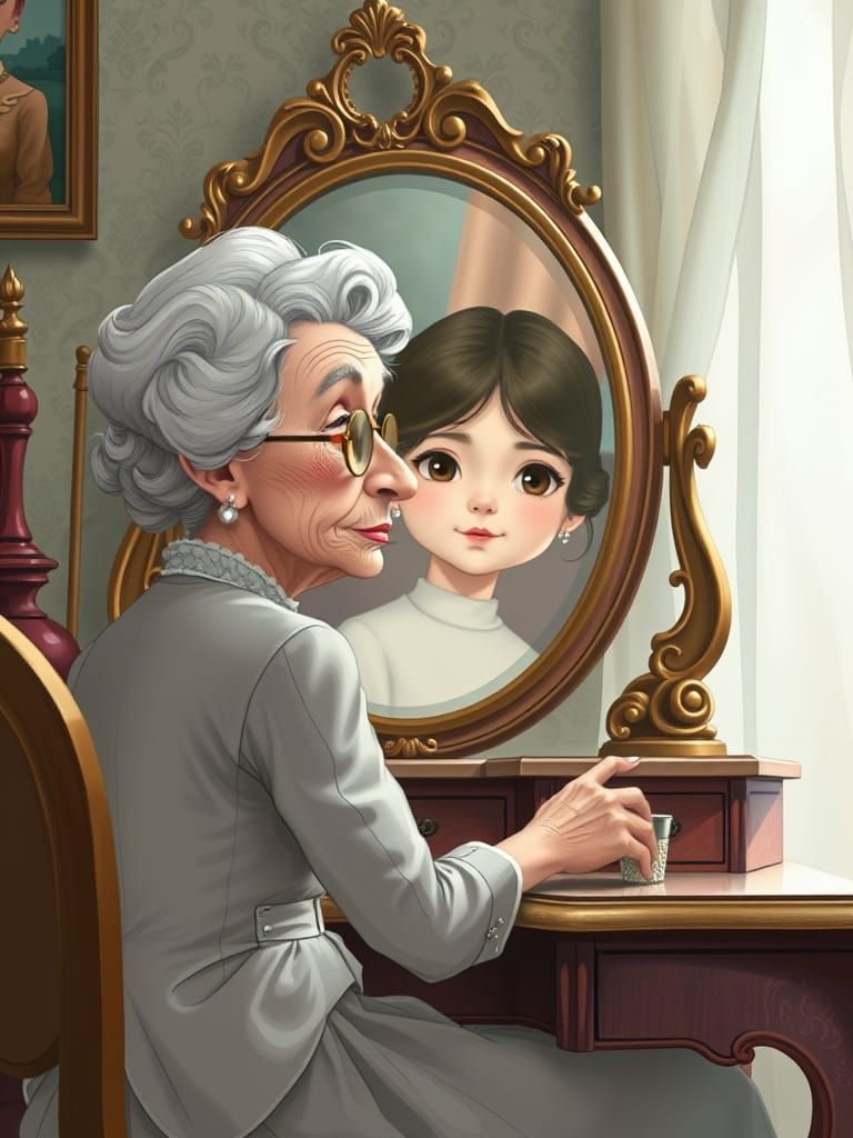 Woman and Girl in Mirror, Dreamy Pastel Art