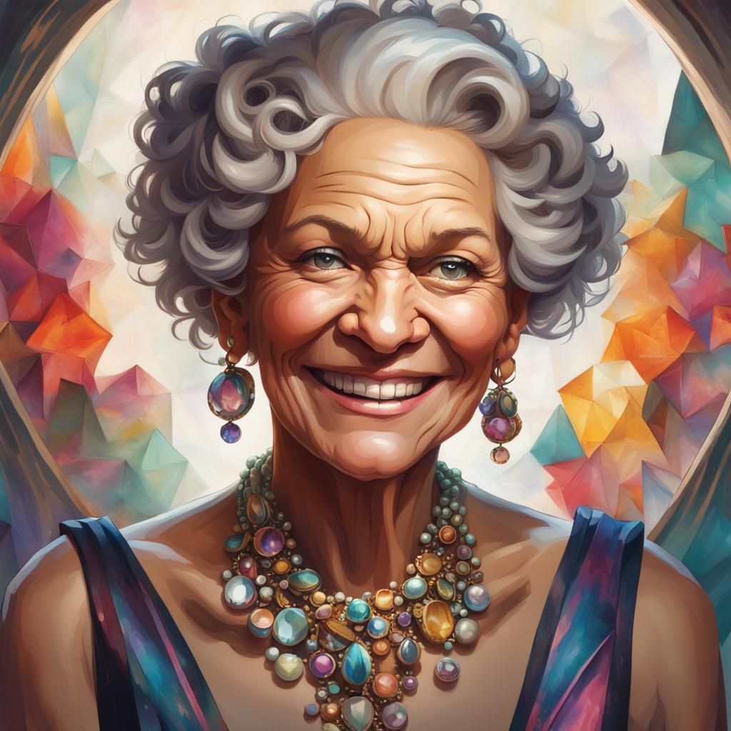 Hyperrealistic Portrait of Smiling Old Woman with Jewels