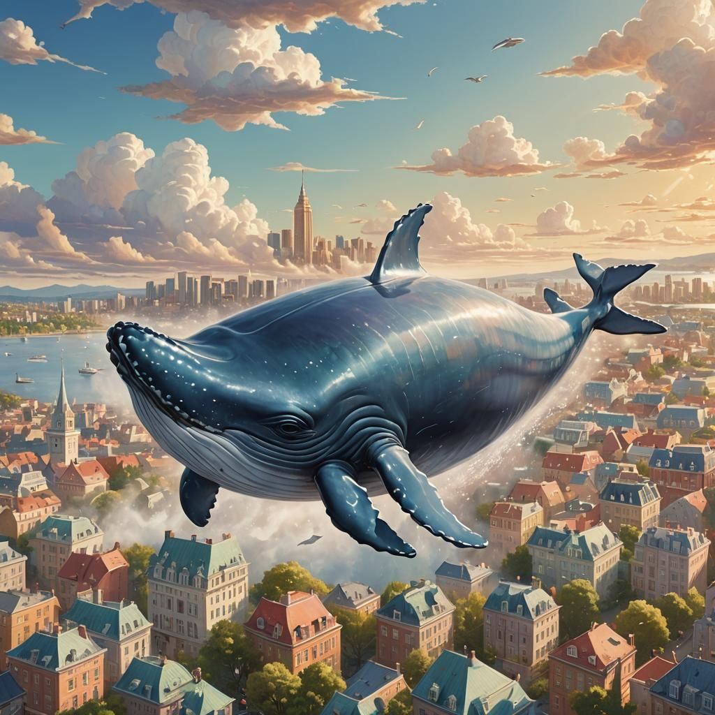 Whale Soaring Over Cityscape in Magical Realism