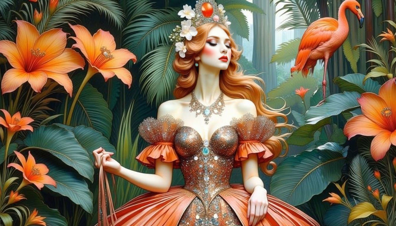 Elegant Flamingo in Art Deco Ball Gown Attends Tropical Isla...