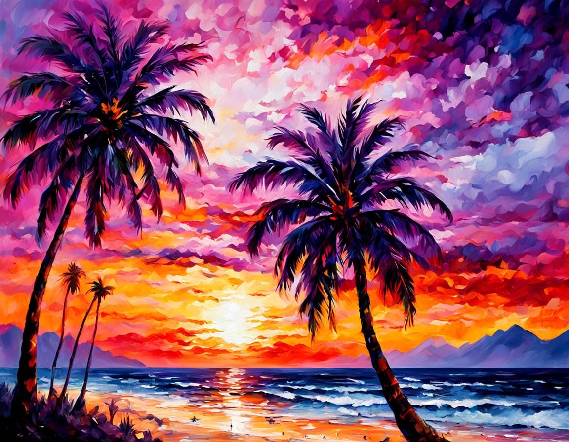 Tropical Sunset Oil Painting in Hyperrealism Style