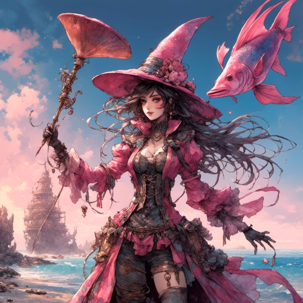 Pink Witch on Beach with Fish-Scaled Outfit