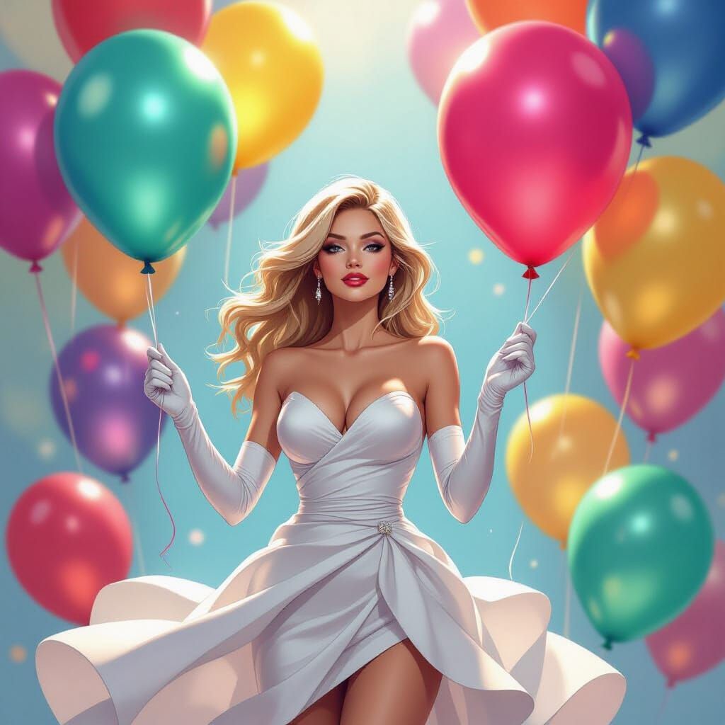 Emma Frost with Party Balloons in Vibrant Style