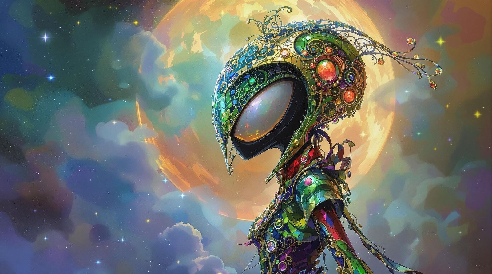 Ethereal Martian in Vibrant, Iridescent Costume