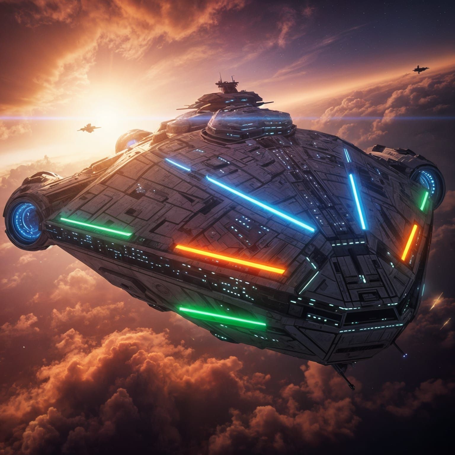 Massive Starship with Running Lights in Turbulent Atmosphere