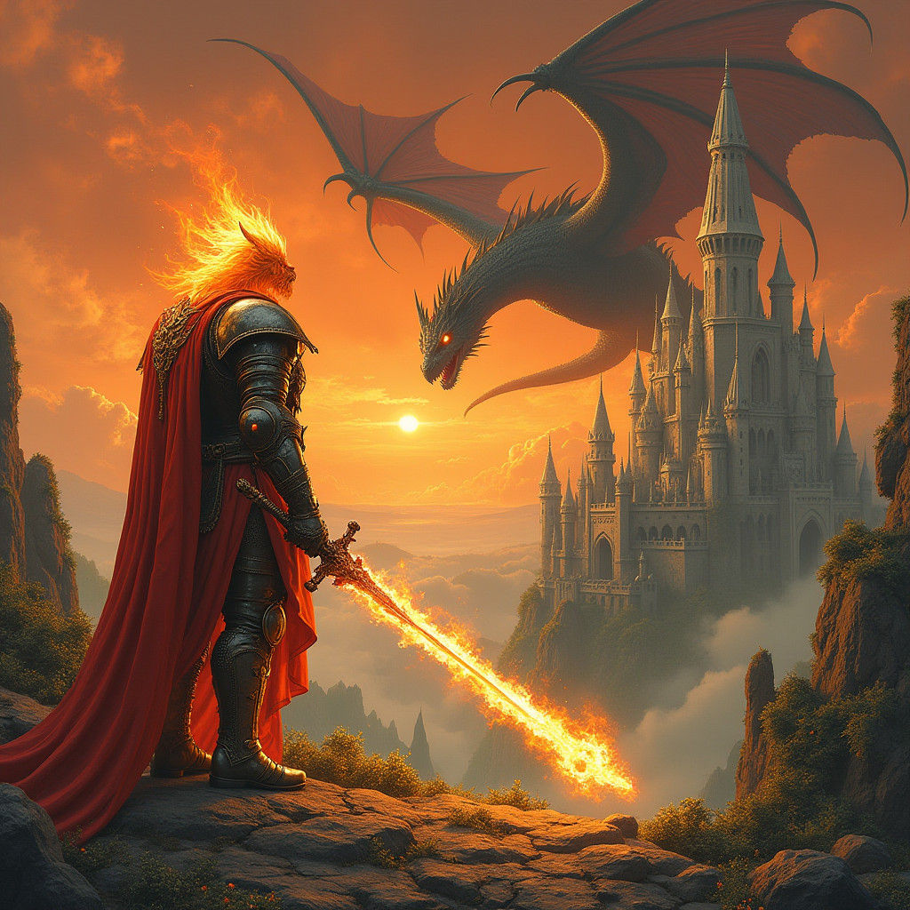 Fiery Knight Defends Fairy Castle from Dragon