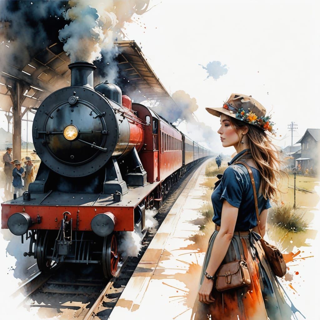 British Steam Train Arrives: Watercolor Painting