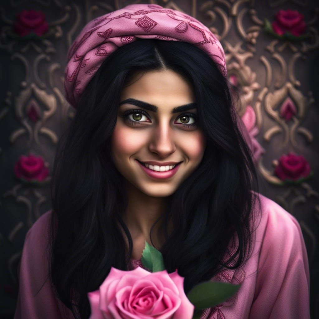 Smiling Persian Girl with Rose, Hyperrealistic Image