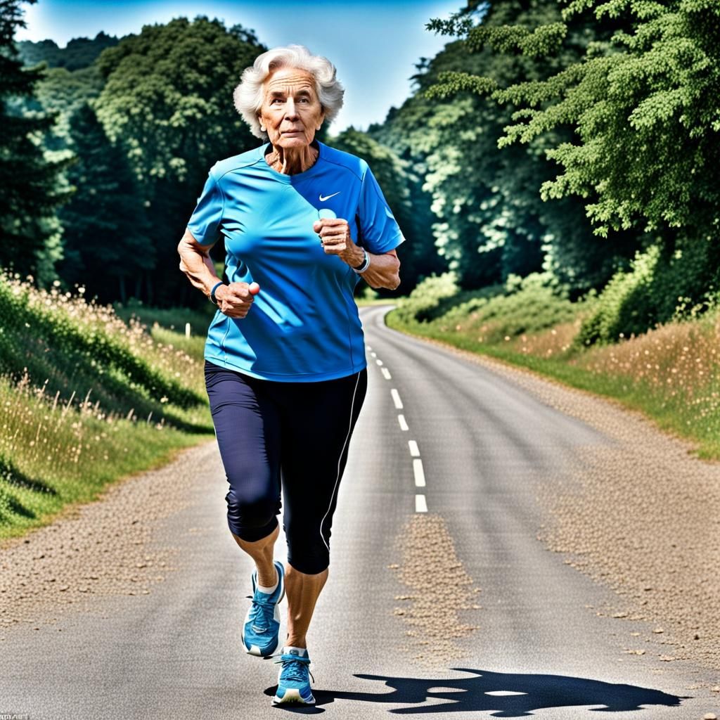 Elderly Woman Jogging with Cosmetic Enhancements