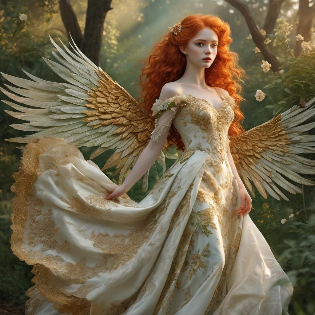 Red-Haired Angel with Emerald Eyes in Art Nouveau Style