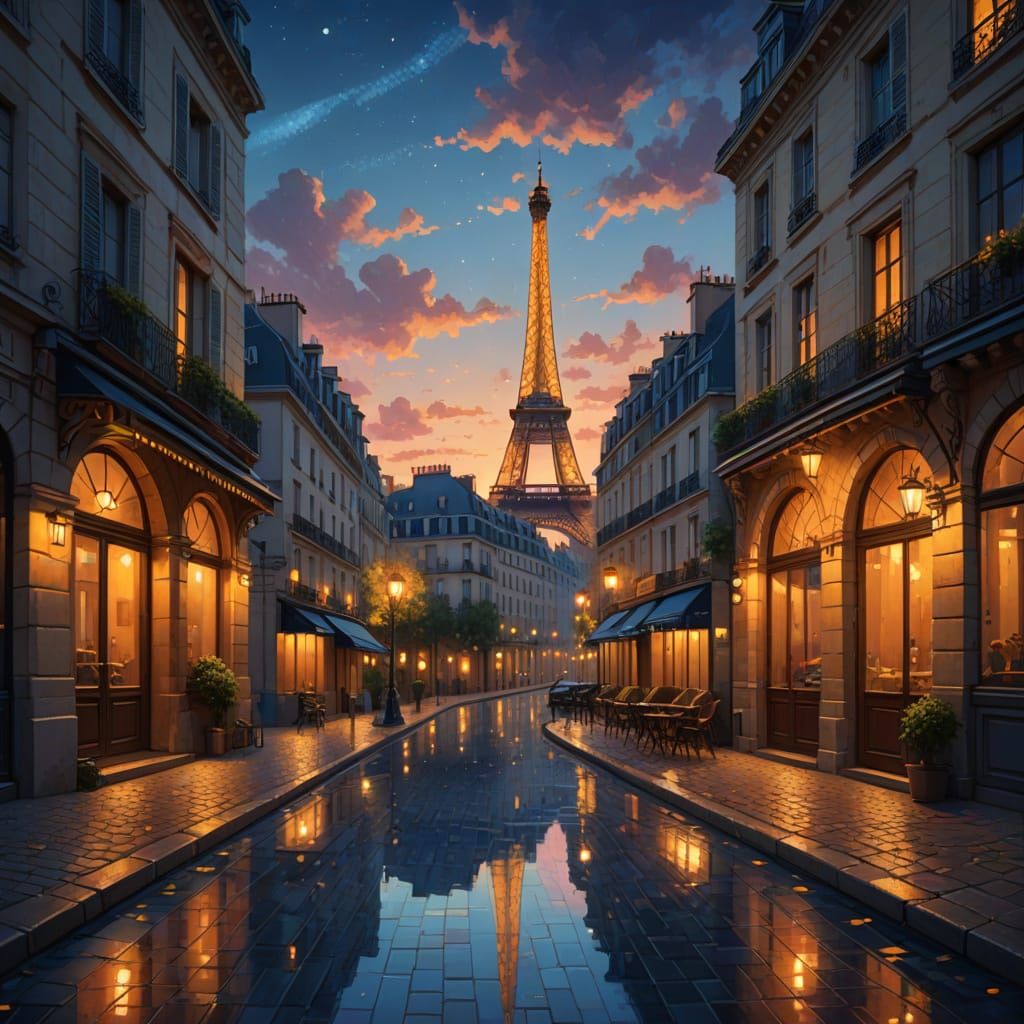Impressionist Parisian Street at Dusk with Eiffel Tower