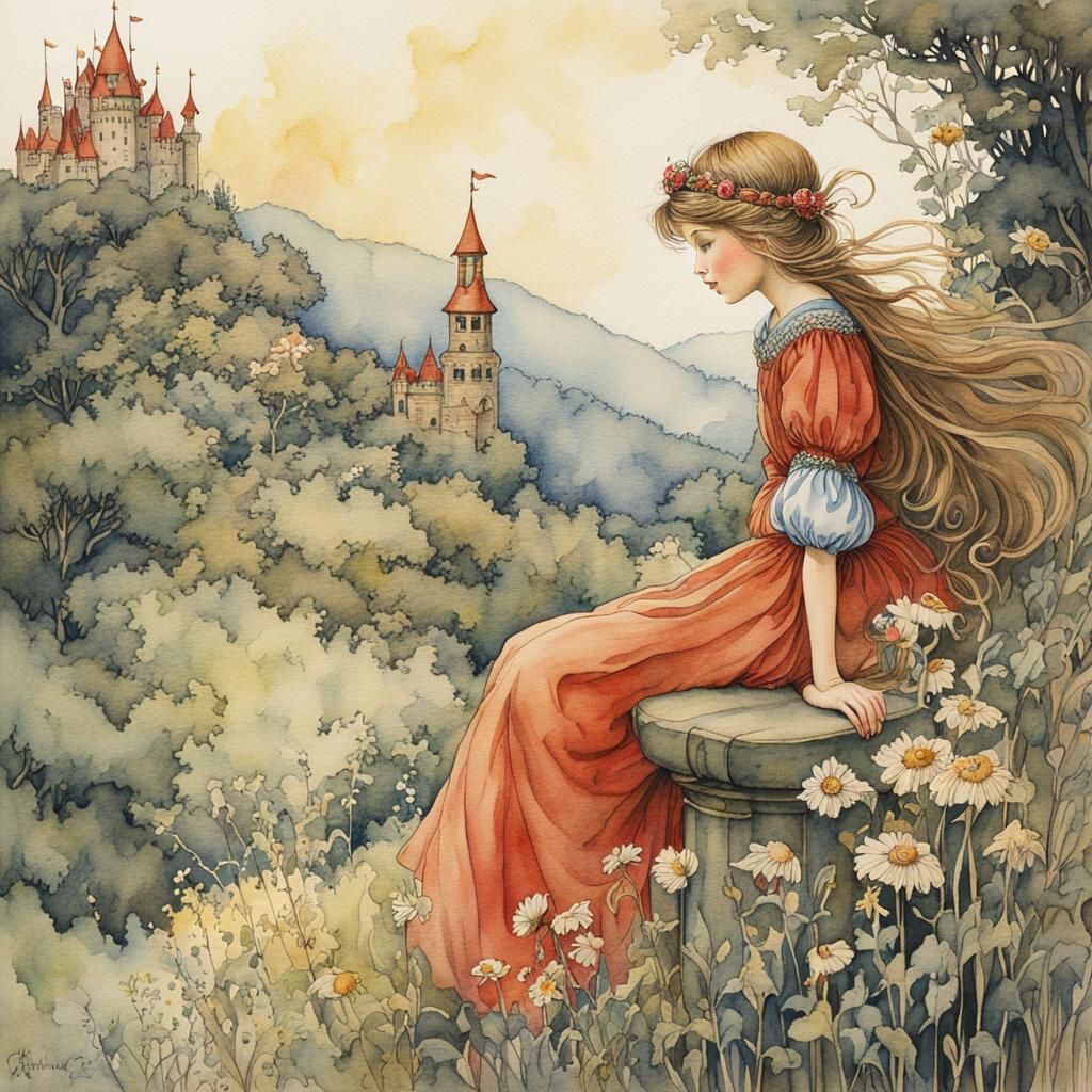 Fairytale Princess in Watercolor Style Illustration