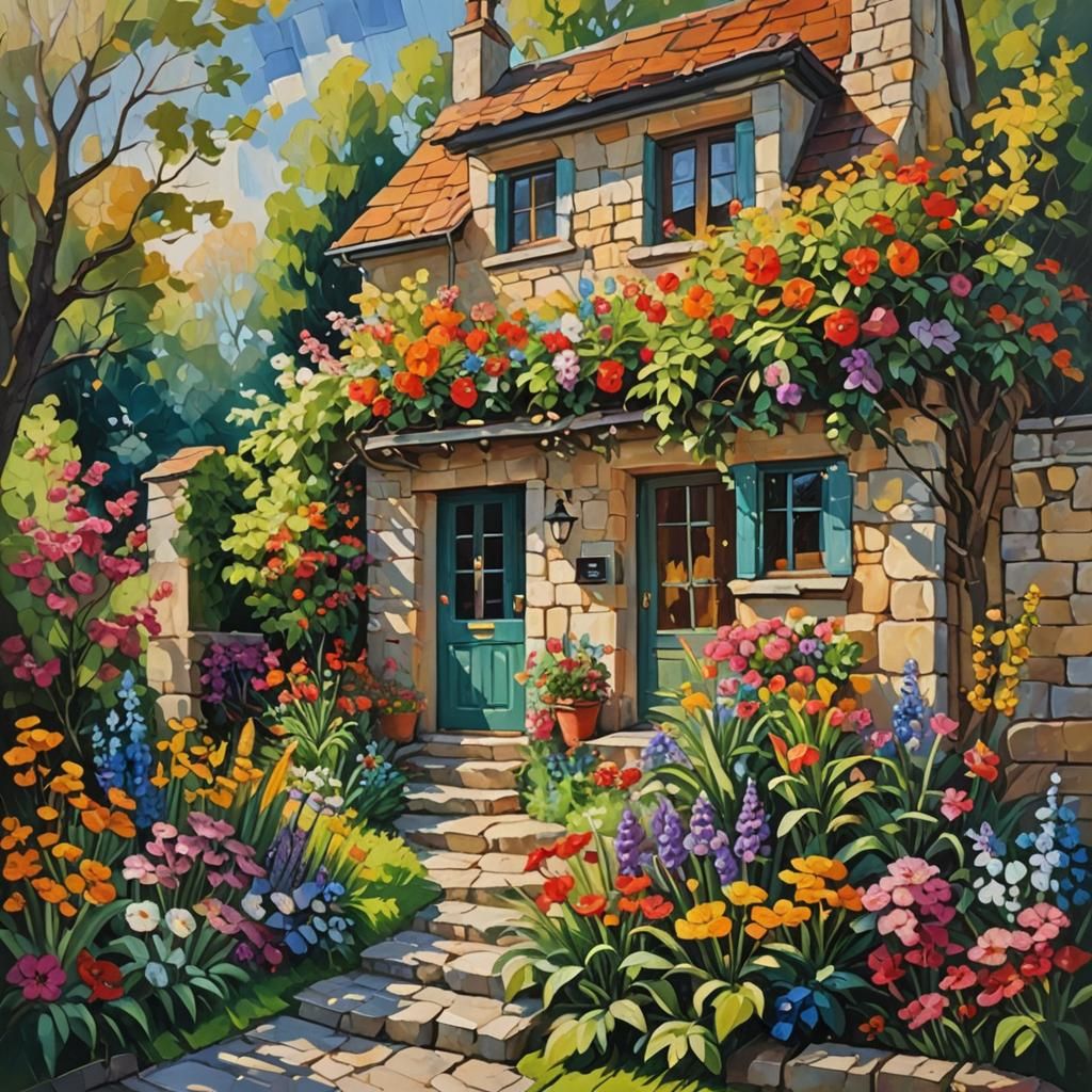 Cozy House with Vibrant Garden in Expressionist Style