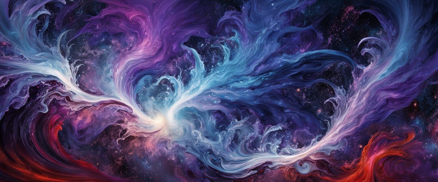 Sleek, Mirrored Cosmic Dance in Abstract Expressionist Style