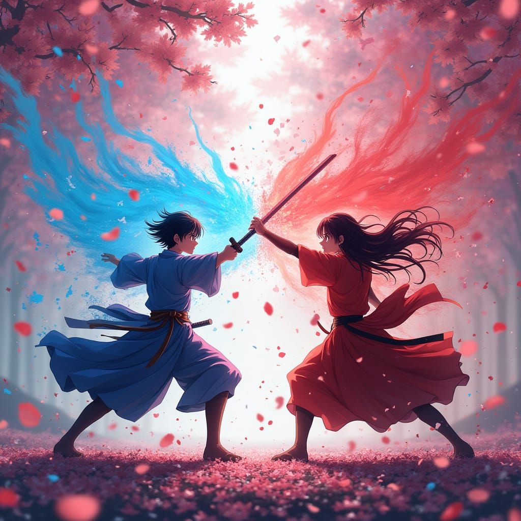 Anime Duel: Blue vs Red Swordsmen Amidst Cherry Blossoms