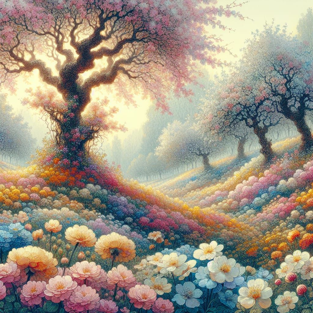 Spring Fantasy Landscape in Romantic Watercolor Style