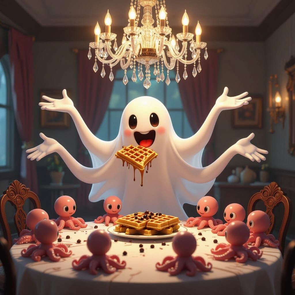 Friendly Ghost Eats Waffles with Octopi, 3D Anime Style