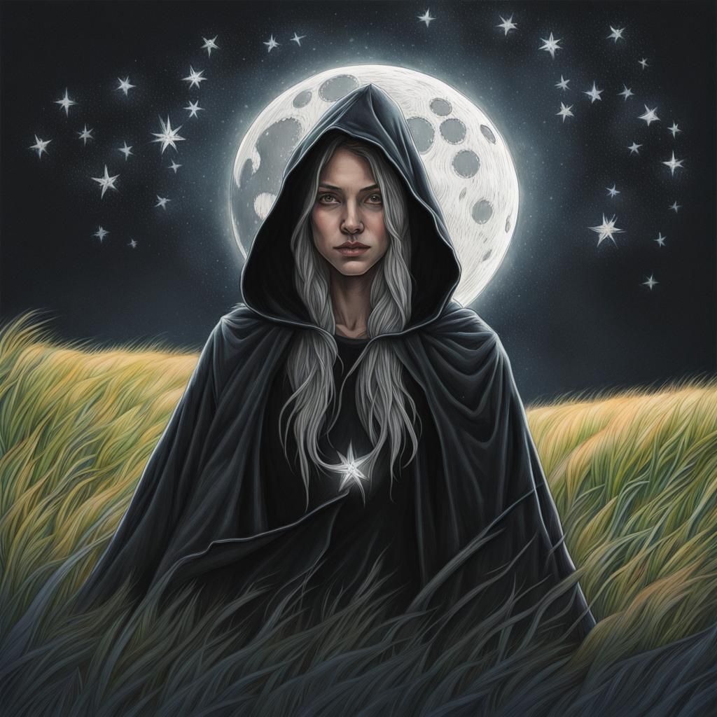 Hooded Woman with Stars in Color Pencil Drawing