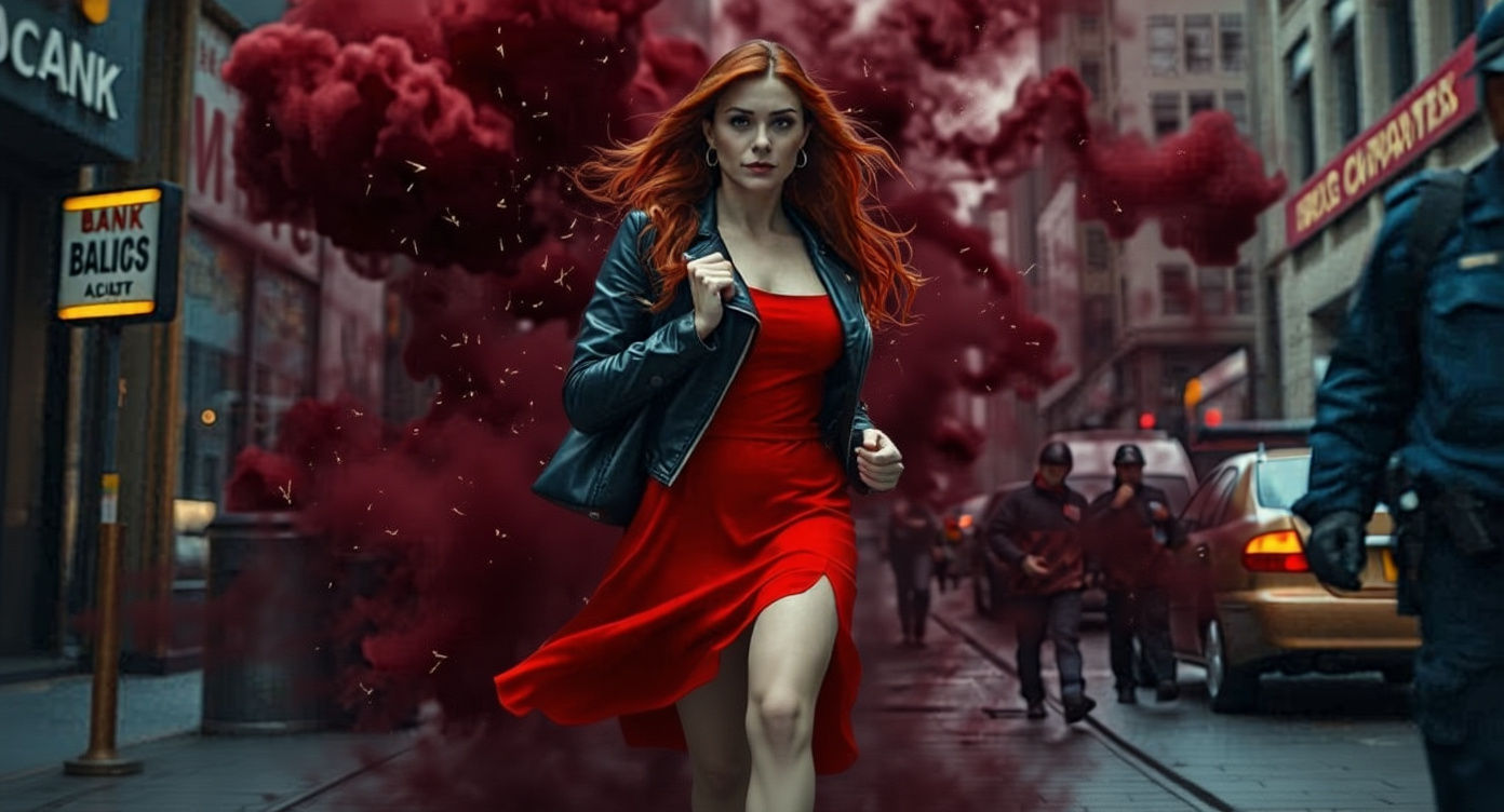 Woman in Red Dress Exiting Bank, Cinematic Style