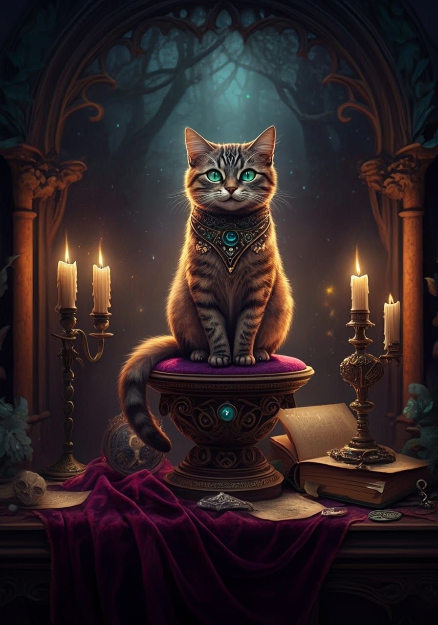 Mystical Cat Familiar in Gothic Forest, Faerie Art Style