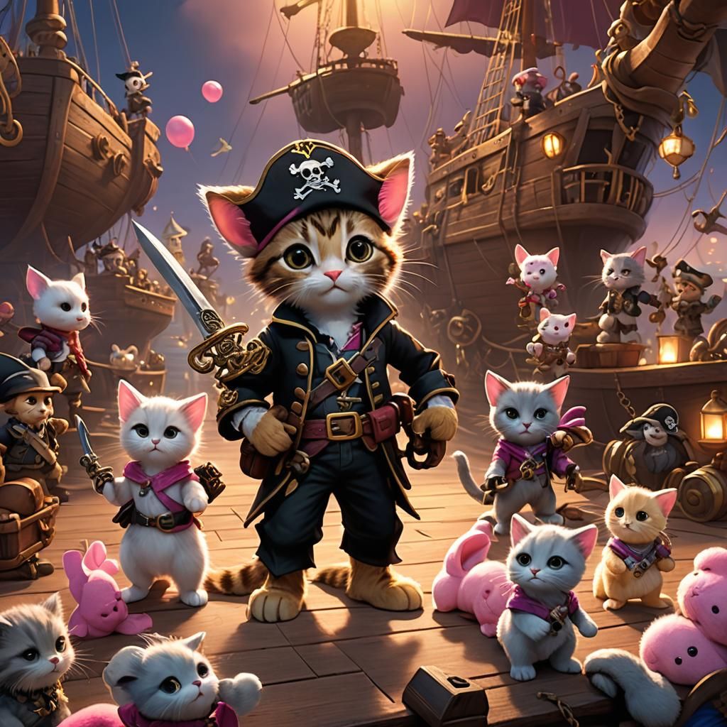 Pirate Kittens on Ship at Sunset: Pixar-Style 3D Art