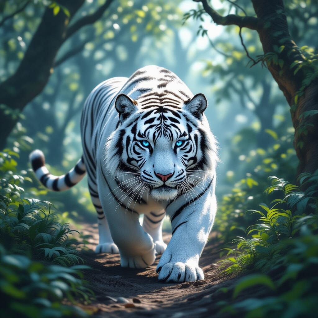 Blue-Eyed White Tiger in Ancient Forest: Fantasy Art